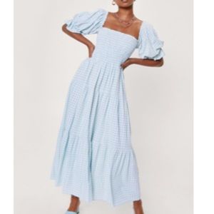 Nasty Gal Blue Gingham Puff Sleeve Maxi Dress
